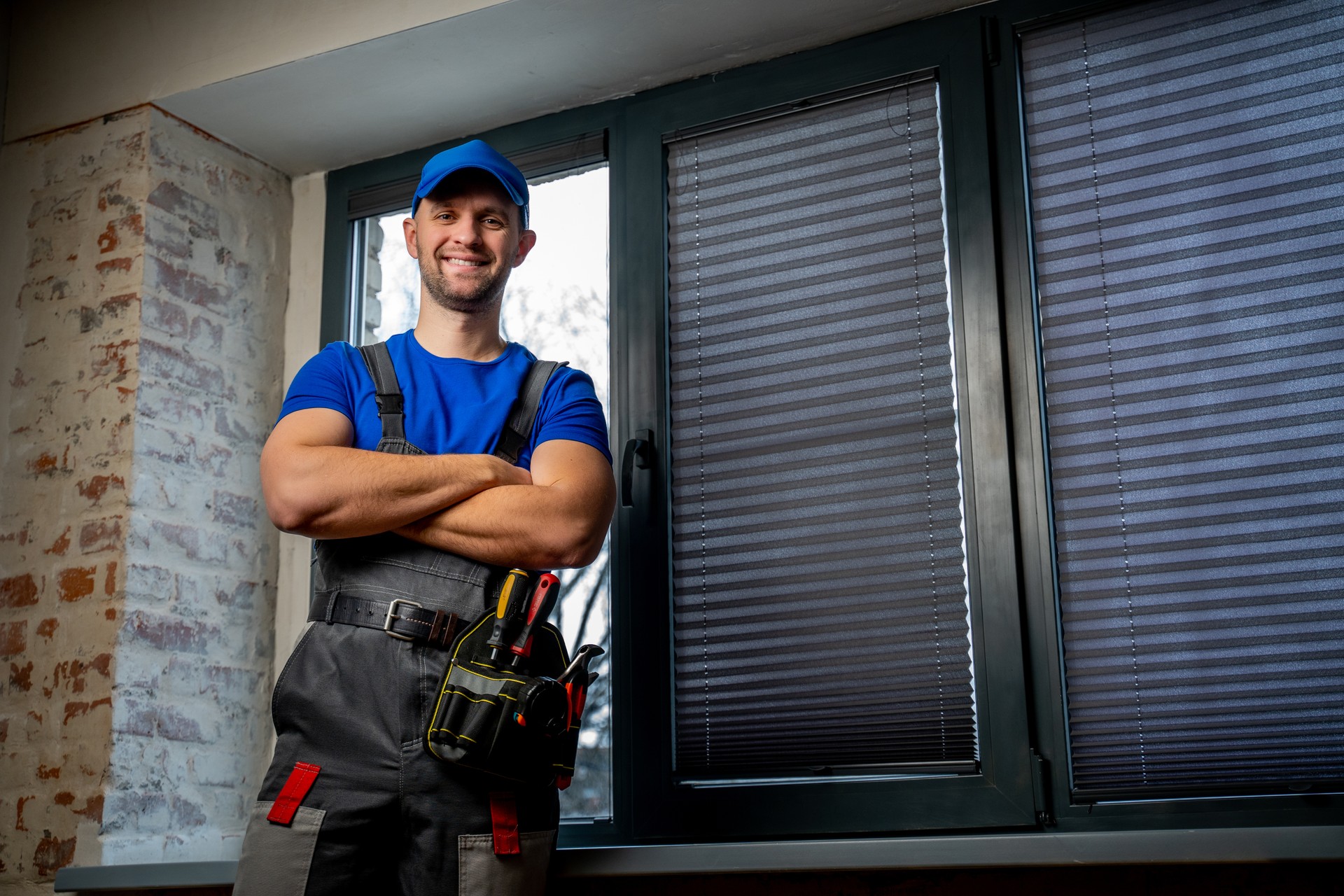 Maintenance worker in uniform, blue T-shirt and cap, crossing his arms. A handyman wearing a tool belt against a black window background